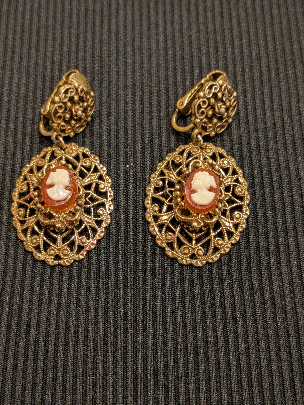 B#3: Dangle Gold-Tone Cameo Filigree Clip On Earrings - Vintage 1969s.
